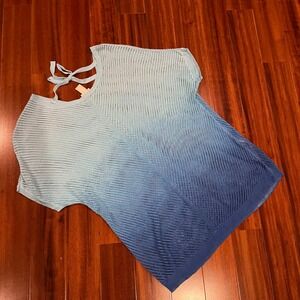 Chicos Sweater Top Blue Ombre Knit Mesh Cover Up Tunic Short Sleeve Size 0 Small
